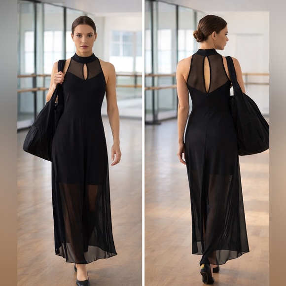 balera Pants - Balera Black Halter Mesh Wide-Leg Dance Jumpsuit Snap Neck Contemporary,Size S